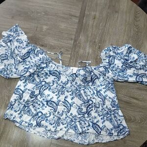 Womens Blue Paisley Off-Shoulder Top